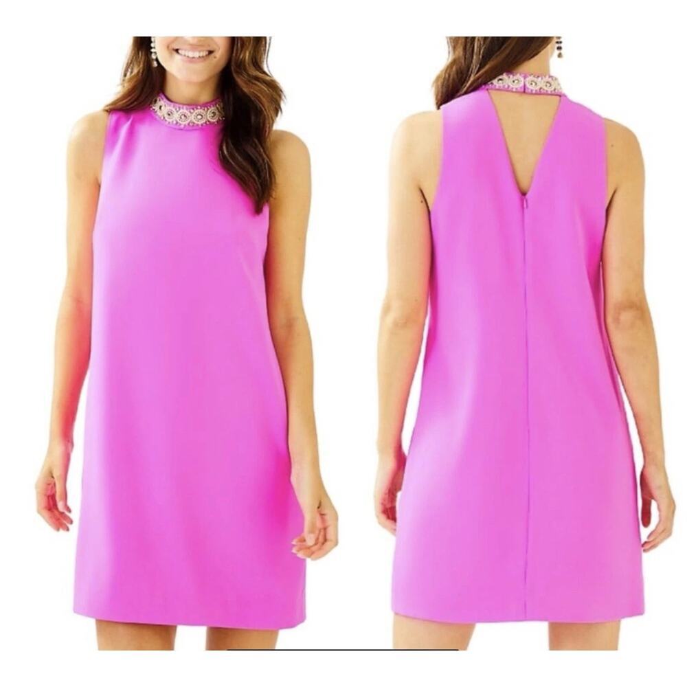 NWT Lilly Pulitzer Brandi Pink Embellished Beaded-Neck Sleeveless Dress Size 8 - Picture 2 of 11